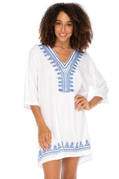 EMBROIDERED BOHO SWIMSUIT COVER UP can be worn as a sundress, beach dress, or tunic top paired with leggings or jeans for everyday wear BEAUTIFUL CUSTOM EMBROIDERY ACCENTS THE NECK AND HEM. Side slits at the hem give you ease of movement. Wear loose as a beach dress or belted over leggings 3/4 LENGTH SLEEVES keep you cool and comfortable on hot days while providing arm coverage. The perfect bikini cover up resort wear for lounging poolside or on a cruise MADE FROM 100% HIGH-QUALITY BREATHABLE RA Casual V-neck Festival Cover-up, V-neck Cotton Beach Dress For Vacation, Spring V-neck Beachwear Tunic, Stretch V-neck Beach Dress For Vacation, V-neck Cotton Cover-up For Day Out, Cotton V-neck Cover-up For Day Out, White Stretch Bohemian Dress, White Stretch Beach Dress, Stretch Cover-up For Summer Festivals