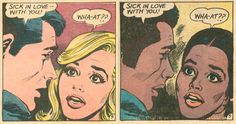 an old comic strip with two women talking to each other and one man looking at her