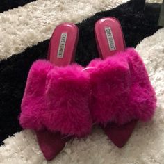 Beautiful Fuchsia Pink Fur Slipper Heels Brand New. No Box Trendy Pink Flat Heels, Trendy Pink Mules For Party, Trendy Pink Party Mules, Pink Synthetic Flat Heel Mules, Pink Synthetic Mules With Flat Heel, Pink Flat Heel Synthetic Mules, Winter Pink Closed Toe Heels, Trendy Pink High Heel Mules, Chic Pink Flat Mules