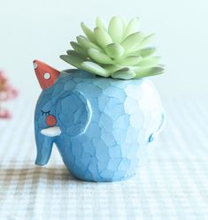 a blue ceramic elephant planter with a succulent on it's head