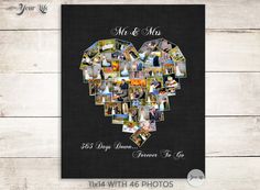 a heart shaped photo collage with the words mr and mrs on it