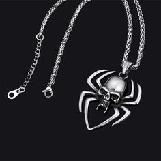 Nice Looking Skull Spider Necklace, Cool and Masculine, the perfect accessory for Halloween. This men's skull necklace is made of 316L stainless steel, high quality and hypoallergenic. The skull pendant is an ideal gift for men, father, husband, boyfriend, friends on birthday, anniversaries, valentine's day, Halloween, father's day.   SPU:  PSP40006  Collection:  Gothic  Material: Stainless Steel  Weight: 35.7  Chain Length: 55cm-60cm(22''-24'')/Resizable  Pendant Size: 55.7mm*37.4mm  Clean it w Spider Skull, Skull Spider, Spider Necklace, Nordic Vikings, Viking Symbols, Gothic Skull, Norse Vikings, Skull Necklace, Skull Pendant