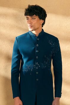 Blue sherwani with sequin, bead and threadwork embellished floral blossom motifs. Comes with pant. - Aza Fashions Jodhpuri Suits, Jodhpuri Suits For Men, Blue Sherwani, Couture Jackets, Beaded Neckline, Indo Western, Designer Clothes For Men, Blue Silk, Mandarin Collar