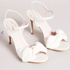 Heevia Moire Satin Bow Heeled Sandals Ivory Color Size 38.5 Run Size 7.5 ! True To Size Elegant White Sandals With Padded Heel, Feminine Cream Sandals With Heel Strap, White Open Toe Wedding Shoes With Sculpted Heel, Feminine White Leather Sandals, White Heels With Removable Insole And Open Heel, White Open Heel Shoes With Removable Insole, White Feminine Sandals With Round Toe, White Closed Toe Feminine Sandals, Cream Open Toe Wedding Shoes With Padded Heel