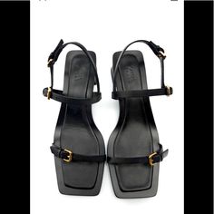 Zara Leather Sandals Season22. Size 8.5 Run Smaller, Original Zize 39 Sole(10inc) Black Slingback Sandals For Office In Summer, Office Leather Sandals With Heel Strap, Classic Ankle Strap Sandals For Office, Black Single Toe Strap Sandals For Work, Classic Office Sandals With Ankle Strap, Office Sandals With Buckle Closure And Low Heel, Low Heel Sandals With Buckle Closure For Office, Summer Office Slingback Sandals With Buckle Closure, Low Heel Leather Office Sandals