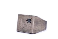 North Star engraving on a square signer ring. Brushed Matte finish. Classic and cool fusion of sterling silver signet ring with an amazing star stone setting. Mens signet ring or womens signet ring. Black/blue/clear zircon(CZ) or Garnet gem stone. Other stones might be available by request. Top dimensions : about 12*14 mm. Average silver weight : 11 gr. Brushed Matte and oxidized- shades of scratched black, each ring is unique. Second pic : only brushed matte without oxidation. Fourth pic : shin Mens Silver Signet Ring, Jewelry Design Studio, Modern Silver Jewelry, Art Square, Signet Ring Men, Earrings Art, Silver Signet Ring, Necklace For Girlfriend, Ring Mens