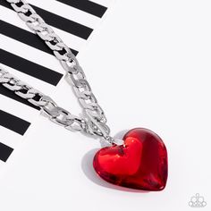 Featuring a glossy finish, an oversized, rich, red heart gem swings from the bottom of a thick silver curb chain below the collar for a romantic declaration. Features a toggle closure. Sold as one individual necklace. Includes one pair of matching earrings. Heart Gem, Red Heart Necklace, Thick Chain Necklace, Red Necklace, Link Earrings, March 2023, Paparazzi Accessories, Earrings 3, Paparazzi Jewelry