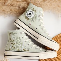 '' Custom Embroidered Sneaker high tops, Small Flower Embroidered Shoes Custom, Floral Embroidered Converse Custom, Unique Gifts for Her '' 🍀 Price includes Converse Shoes and Floral Embroidery Designs as shown 🍀 🍀 Shoe Type: Converse 1970s 🍀 Shoe color:9. Summit Sage_1970s 1. DETAILS 🍀 You can send me your Converse, Vans, canvas shoes or I can buy them for you. Custom-ordered embroidered Vans and Converse shoes, please wait another 2-4 days. Each pair is hand embroidered to order, please m Lavender Converse, Converse Bleu, Customized Converse, Converse Embroidery, Embroidered Vans, Cute Converse Shoes, Mode Converse, Garden Lavender, Embroidered Sneakers