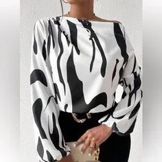 Tops | Elegant Off Shoulder Asymmetrical Neck Long Sleeve Top Blouse Shirt | Poshmark Black And White Tops For Women, Chic Graphic Print Blouse For Fall, Chic Graphic Print Tops, Chic Long Sleeve Shirt With Graphic Print, Chic Blouse With Graphic Print For Work, Chic Graphic Print Blouse For Work, Elegant White Printed Tops, Chic White Printed Blouse, Chic Black Printed Shirt