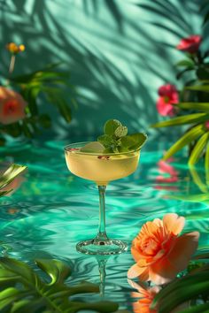 a drink in a glass sitting on top of a table next to flowers and leaves