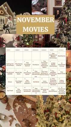 a calendar with christmas movies on it and pictures of trees, houses, and other decorations