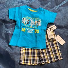 Nwt Cute Boys Polo 3-6 Months 2 Piece T-Shirt With Matching Plaid Shorts.