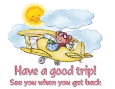 a teddy bear sitting on top of an airplane with the caption have a good trip see you when you get back