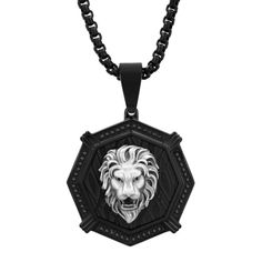 1/4ctw black diamond stainless steel white lion face pendant. Includes a 24-inch stainless steel black box link chain necklace with a lobster claw closure. Black Stainless Steel Medallion Necklaces, Black Stainless Steel Medallion Necklace, Black Medallion Stainless Steel Necklaces, Black Stainless Steel Cable Chain Necklace, Black Metal Medallion Jewelry, Black Medallion Metal Jewelry, Sterling Silver Black Necklace With Cable Chain, Black Sterling Silver Necklace With Cable Chain, Black Metal Jewelry With Cable Chain