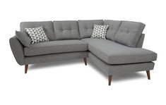 a gray sectional sofa with two pillows on the back and one arm facing the couch