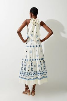 Petite Cotton Embroidered Woven Halter Maxi Dress | Karen Millen Embroidered Spaghetti Strap Summer Dress, Summer Embroidered Halter Neck Dress, Sleeveless Summer Dresses With Geometric Embroidery, Embroidered Halter Neck Dress For Summer, Embroidered Halter Neck Summer Dress, Sleeveless Dress With Geometric Embroidery For Spring, Summer Floral Embroidered Halter Neck Dress, Floral Embroidered Halter Neck Beach Dress, Summer Halter Neck Dresses With Floral Embroidery