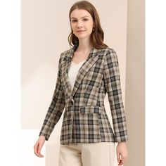 Pump up your power suit look with this plaid Blazer. Classic plaid pattern with notched lapel and one button closure blazer. Cut a little long to look great over midi skirts or skinny jeans. Pair with jeans for a casual look, or pair it with a smart midi skirt for a boss lady vibe. All prepped up for the coming season, this classic blazer is loaded with styling options. Fall Plaid Suit For Office, Plaid Suits For Fall Workwear, Plaid Suit For Office In Fall, Plaid Suit For Fall Office Wear, Houndstooth Notch Lapel Blazer For Office, Plaid Single-breasted Suits For Office, Single Breasted Plaid Office Suits, Plaid Single-breasted Office Suits, Plaid Suit With Suit Collar For Work