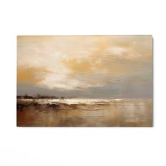 an abstract painting with brown and yellow colors on the water's edge, in front of a white wall