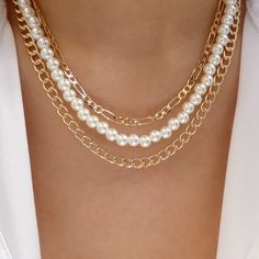 Attached layers, includes everything pictured Material: gold plated brass Length: 16" + 3" extension IMPORTED Gold Pearl Necklace For Layering, Gold Pearl Necklace 16 Inch Length, 16 Inch Gold Pearl Necklace, Pearl Chain Necklace, Pearl Chain, Chain Necklace, Gold Plate, Plating, Brass