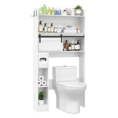 a white toilet sitting next to a shelf filled with bathroom items