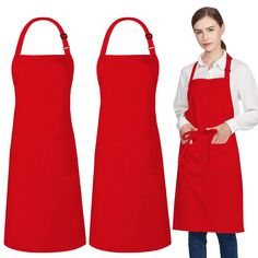 two red aprons with one woman holding the other