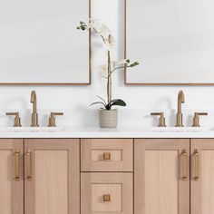 a bathroom with double sinks and two mirrors