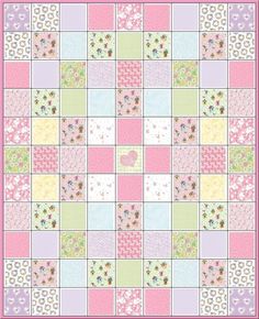 a pink and green patchwork quilt with flowers on the border, in pastel colors