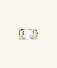 18k Gold Vermeil and Sterling Silver Duet Mixed Huggie Hoop Earrings - Jewelry | Mejuri Gold And Silver Earrings Mixing, Mixed Metal Earring Stack, Mixing Metals Jewelry, Match Jewelry, Mixed Metal Earrings, Gold Earrings For Women, Mixed Metal Jewelry, Gold Ear Cuff, Jewelry Lookbook