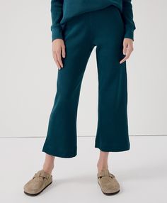 Women’s Thermal Waffle Wide Leg Pant made with Organic Cotton | Pact Green Fall Loungewear Bottoms, Comfortable Solid Color Wide Leg Pants For Fall, Comfortable Solid Wide Leg Pants For Fall, Green Wide Leg Pants For Loungewear, Green Wide Leg Pants For Loungewear In Fall, Green Wide Leg Pants For Fall Loungewear, Comfortable Fall Bottoms, Comfortable Fall Ankle-length Pants, Fall Cropped Leg Loungewear Pants