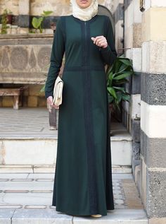 Jumaimah Lace Abaya Fitted Long Sleeve Green Abaya, Green Fitted Long Sleeve Abaya, Stretch Abaya With Long Sleeves, Lace Abaya, Extra Fabric, Comfortable Dress, Textile Fabrics, Different Fabrics, Pick One