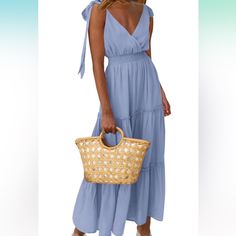 Baby Blue Cross Neck Sleeveless Dress. Straps Adjustable With Ties. Tiered Dress. Never Worn W/Tags. Fashion Brand From Amazon. Baby Blue Summer Dress, Teal Satin Dress, Blue Maternity Dress, Maxi Dress Beach, Pink Skater Dress, Blue Summer Dress, Green Turtleneck Sweater, White Turtleneck Sweater, Dress Straps