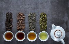 five different types of tea in cups and saucers on a gray surface with spoons next to them