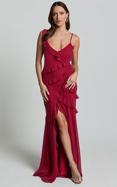 Nitha Maxi Dress - Asymmetrical Frill Thigh Split Dress in Berry | Showpo USA Thigh Split Dress, Split Dress Thigh, Pink Formal Dress, Fancy Dinner Party, Dress Asymmetrical, Pink Formal Dresses, Backless Design, Split Dress, Crepe Fabric