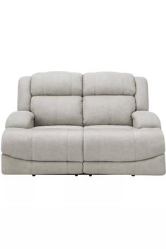 the reclining sofa is shown in light grey leather and has two arms that are facing each