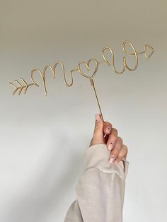 a person holding up a gold metal sign with the word mr and mrs on it