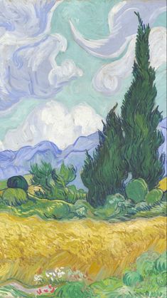 a painting of a wheatfield with trees and clouds in the background, painted by an artist