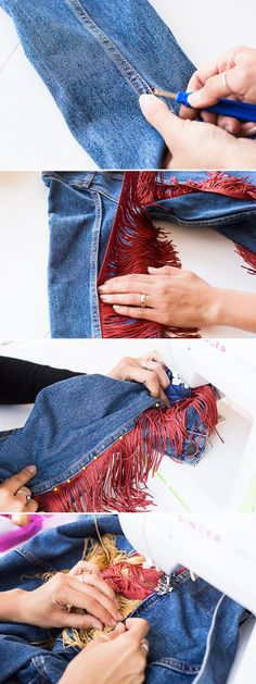 two pictures showing how to sew an old pair of jeans