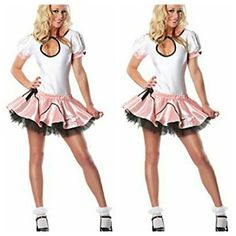 96% Polyester/4% Spandex Imported Hand Wash Doo Wop Costume Features A Poodle Skirt For Grown-Up Girls; White Shirt And White Anklets Included Peachy-Pink Skirt With Black Tulle Underskirt And Elastic Waist; Shirt Has Pink And Black Trim Hand Wash, Cold Water; Dry Flat Xs/S (0/2) 30/34-Inch Bust, 22-Inch Waist, 32-Inch Hip; S/M (2/6) 32/34-Inch Bust, 24/26-Inch Waist, 34/36-Inch Hip; M/L (6/10) 36/38-Inch Bust, 26/28-Inch Waist, 36/38-Inch Hip; L/Xl (10/14) 38/40-Inch Bust, 28/32-Inch Wais Cute Pink Skort For Party, Pink Fitted Cute Skort, Cute Pink Party Skort, Pink Fitted Flirty Skort, Flirty Fitted Pink Skort, Flirty Stretch Pink Skirt, Flirty Pink Stretch Skirt, Cute Stretch Pink Skirt, Cute Fitted Pink Skirt