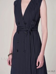 Lasaky - Classic Striped Midi Dress Vest with Double-Breasted Closure and Waist Tie Dress Vest, Trench Dress, Midi Dress Style, Striped Midi Dress, Cinched Waist, Olivia Mark, Vest Dress, Knee Length Dress, Waist Tie