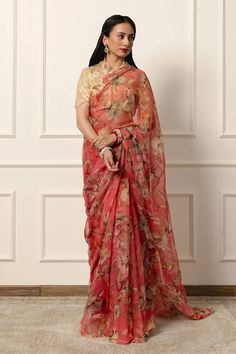 Tomato red saree featuring botanical print all over. Comes with an unstitched blouse piece. - Aza Fashions Elegant Saree With Printed Motifs For Navratri, Red Floral Print Georgette Dupatta, Elegant Blouse Piece With Kalamkari Print For Wedding, Elegant Kalamkari Print Blouse Piece For Wedding, Elegant Wedding Blouse Piece With Kalamkari Print, Festive Red Saree With Floral Print, Festive Red Floral Print Saree, Red Silk Saree With Floral Print, Red Floral Print Saree For Wedding