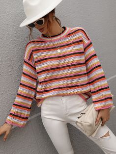 Orange Casual Orange Sweater For Spring, Spring Horizontal Stripe Long Sleeve Sweater, Spring Orange Color Block Sweater, Casual Knit Sweater With Contrast Stripes, Trendy Crew Neck Sweater With Contrast Stripes, Trendy Orange Crew Neck Sweater, Orange Color Block Crew Neck Sweater, Knit Crew Neck Sweater With Horizontal Stripes, Casual Striped Knitted Sweater