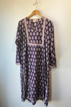 Fabindia Purple Block Printed Dress in great vintage condition. Beautiful and breathable. Semi-sheer dress. Marked size M. 100% cotton, hand woven in India. Machine or hand wash cold.  Approx. Measurements:  Underarm to underarm: 20" Length: 44" Bohemian Cotton Silk Dresses For Festivals, Traditional Long Kurta With Block Print, Cotton Long Kurta For Festivals, Chanderi Long Sleeve Kurta With Yoke, Cotton Anarkali Style Kurta Tunic, Cotton Anarkali Tunic Kurta, Cotton Anarkali Style Tunic Kurta, Long Cotton Kurta For Festive Occasions, Long Cotton Kurta For Festivals