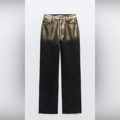 Zara High Waist Z1975 Straight Leg Foil Jeans Size 2 Nwt Approx 25" Waist 28.5" Inseam 100% Cotton Foil Jeans, Zara Mom Jeans, High Rise Blue Jeans, Bleached Jeans, Zara Gold, Paperbag Pants, Frayed Denim, Long Jeans, Loose Jeans