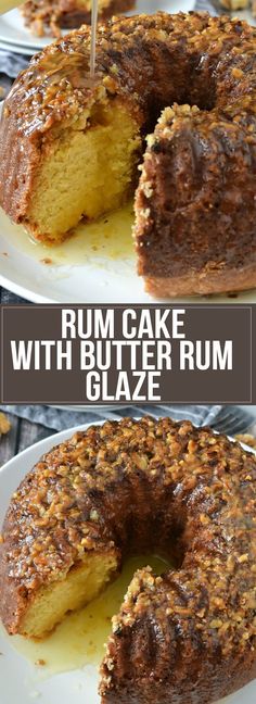 a cake that has been cut into pieces and is on a plate with the words, rum cake with butter rum glaze