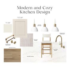 a kitchen design board with white and gold accents