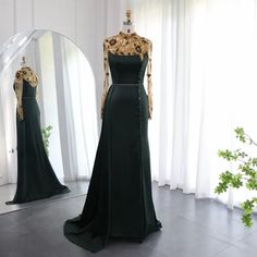 Opulent Olive: Luxury Dubai Mermaid Evening Dress with Long Sleeves for Elegant Weddings Gold Mermaid, Elegant Weddings, Mermaid Evening Dress, Dubai Style, Glamorous Look, Dubai Fashion, Dress With Long Sleeves, Mermaid Evening Dresses, Mermaid Silhouette