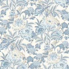 a blue and white floral wallpaper