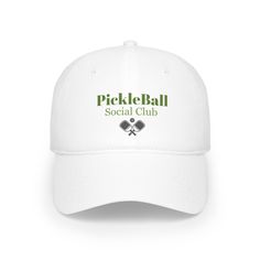 This is our PickleBall Social Club Baseball cap. This hat is made for those who are just beginning this popular sport or for those who have been playing on the court for years. This cap makes a great gift. It is made with 100% cotton, this 6-panel, structured cap features the signature low-profile look that made it famous outside the field.  It comes in two different colors to choose from.  .: 100% Cotton Twill .: Structured, Low-Fitting .: Adjustable Velcro® closure check out our similar listin Sporty Snapback Baseball Cap For Tennis, Sporty Snapback Hat For Tennis, Curved Brim Hats For Sports Events, One Size Fits Most Curved Brim Hat For Golf, White Baseball Cap For Tennis, White Tennis Baseball Cap, Casual Snapback Tennis Hat, Curved Brim Baseball Cap For Golf During Baseball Season, White Visor For Baseball Season