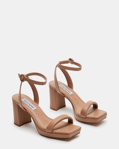 3.25 inch heel height .75 inch platform Leather upper material Synthetic lining Synthetic sock Synthetic sole Imported Wedding Heels Bridesmaid, Hoco Heels, Wedding Guest Heels, Bridesmaids Heels, Nude Platform Heels, Heels Steve Madden, Formal Heels, Nude Strappy Heels, Ankle Strap Block Heel