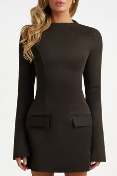 Buy Black long sleeve a line pocket mini dress for only $208.00 at HEIRESS BEVERLY HILLS! Fall Mini Dress With Structured Shoulders, Elegant High Neck Mini Dress With Back Zipper, Fitted Long Sleeve Midi Dress With Structured Shoulders, Fitted Long Sleeve Dress With Structured Shoulders, Long Sleeve Fitted Dress With Structured Shoulders, Fitted Long Sleeve Mini Dress With Flattering Silhouette, Fitted Office Dress With Structured Boning, Long Sleeve Dresses With Structured Shoulders For Work, Fitted Midi Dress With Structured Shoulders And Long Sleeves